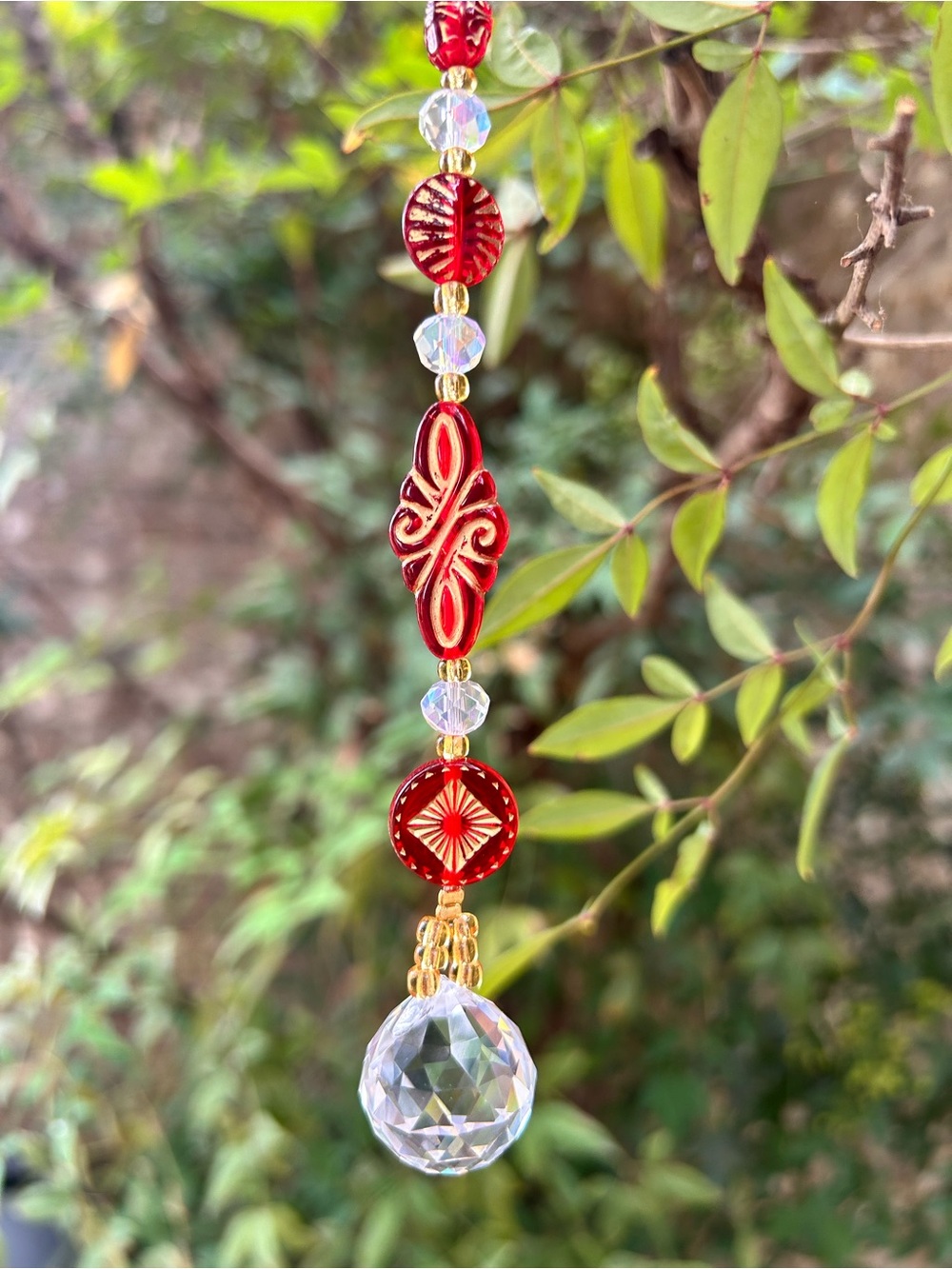 9.5” red + clear prism crystal beaded small suncatcher sun charm decor